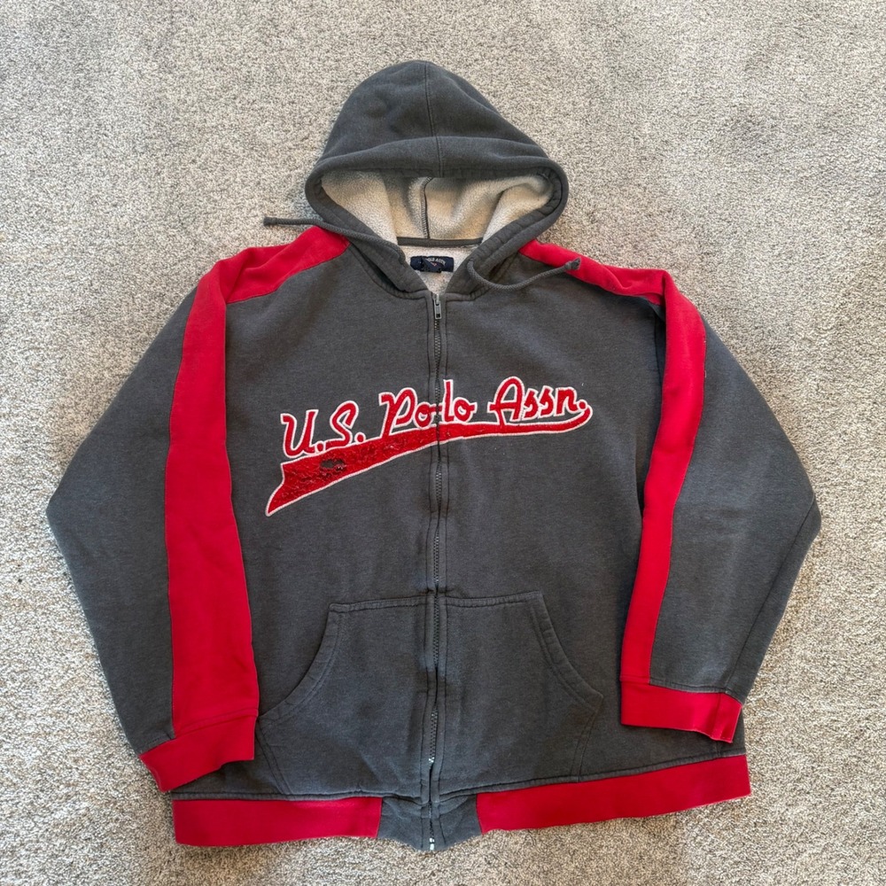 US Polo Assn Mens Gray Red Full Zip Chenille Logo Hoodie Sweatshirt Medium